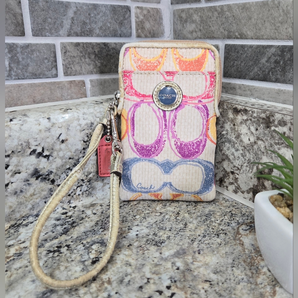 EUC COACH Poppy Collection Orange Green Pink Multicolor Small Wristlet 3.5” x 5"